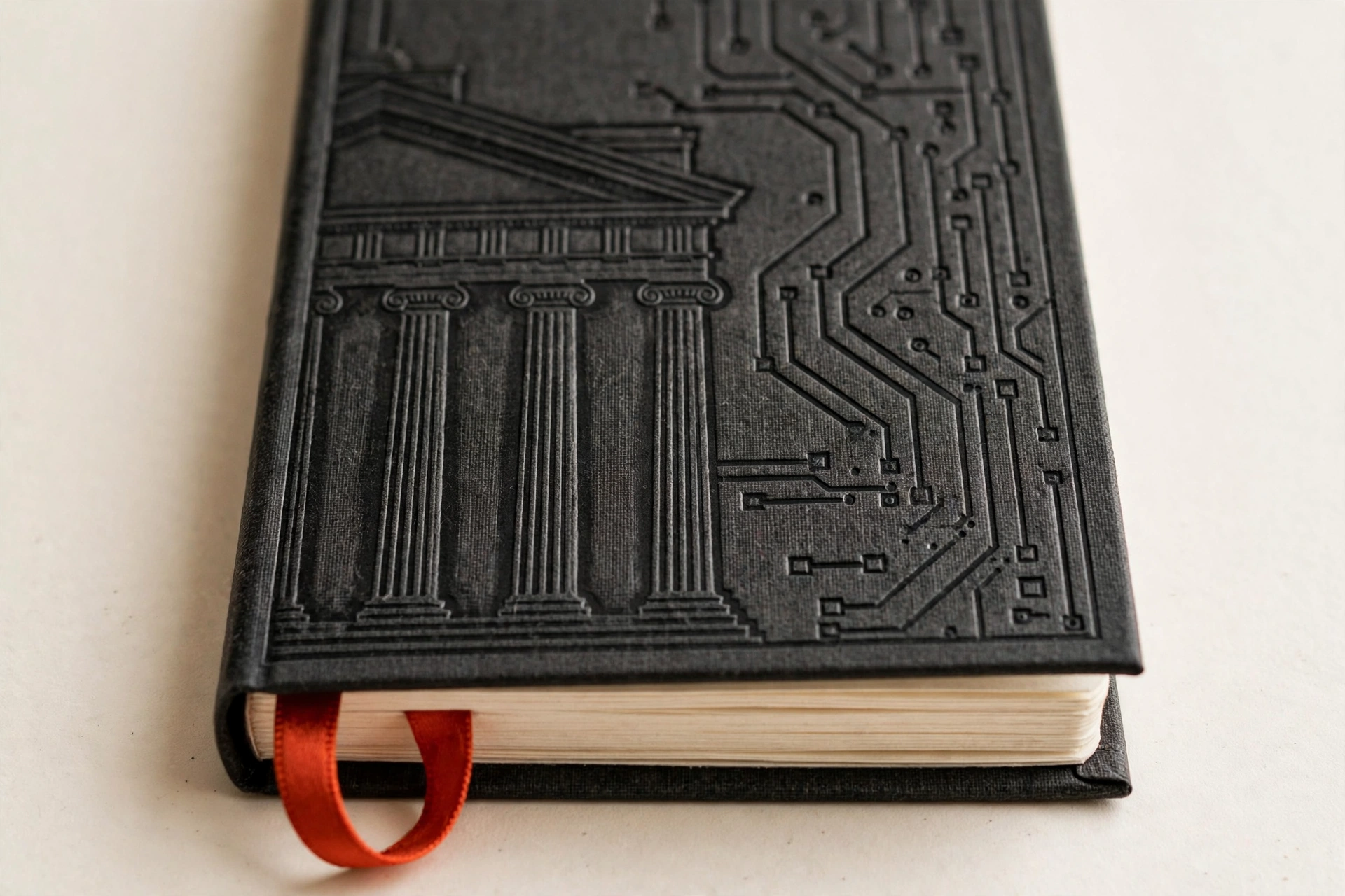 A photograph of a closed black notebook with a classical building facade and circuitry embossed on its cover.