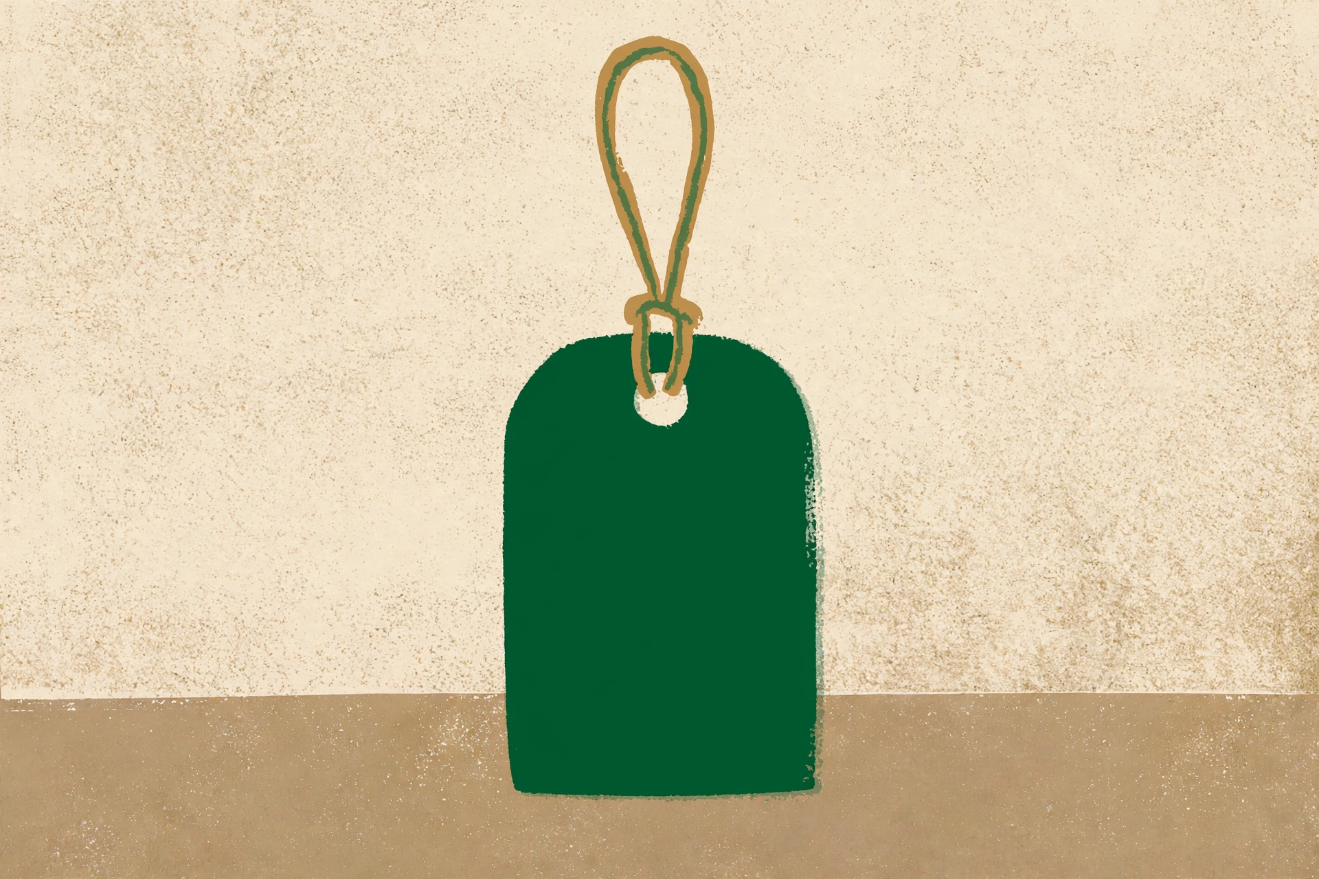 A drawing of a green price tag with a loop of string.