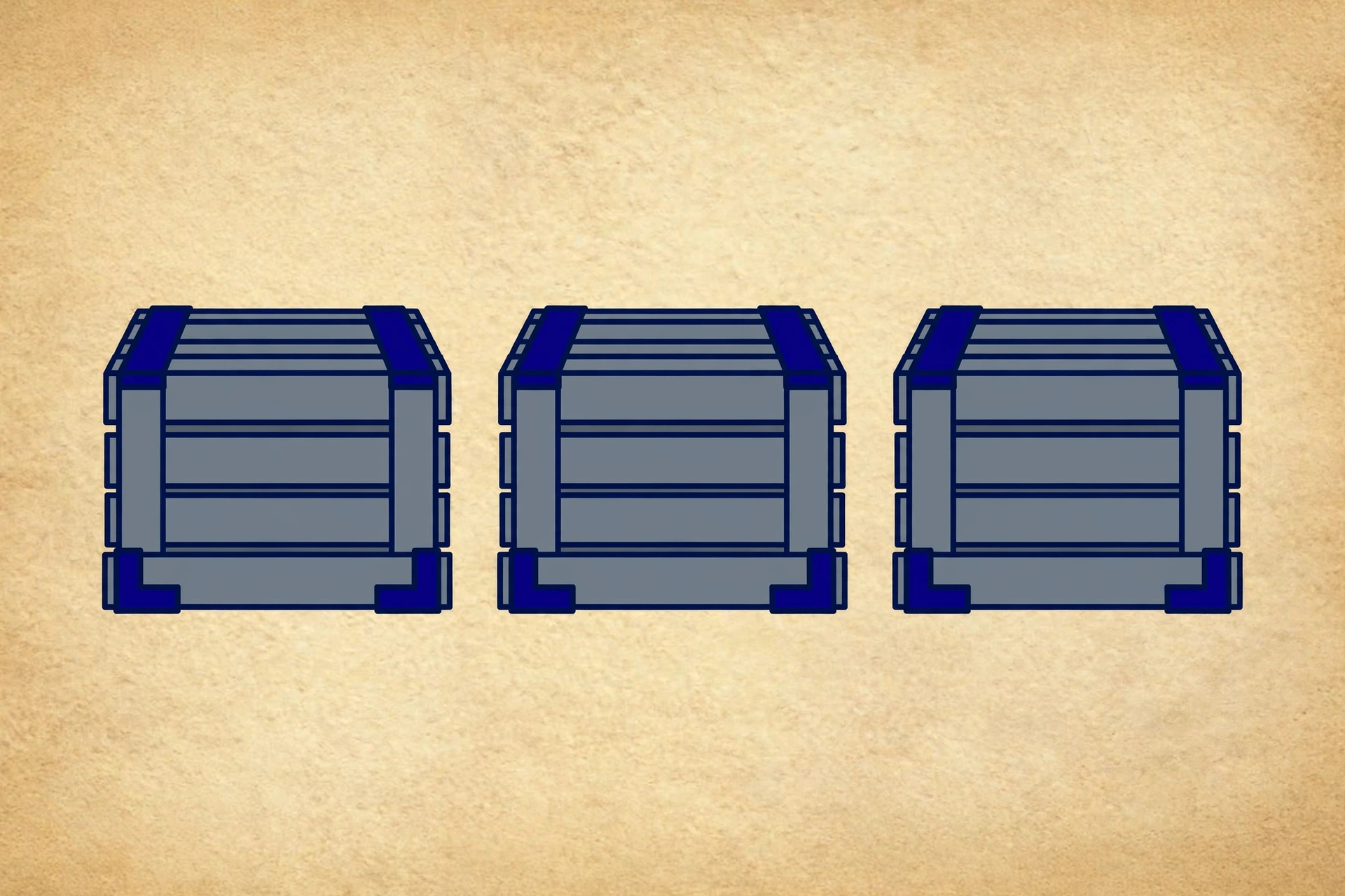 a drawing of three gray crates with blue accents on a beige textured background.