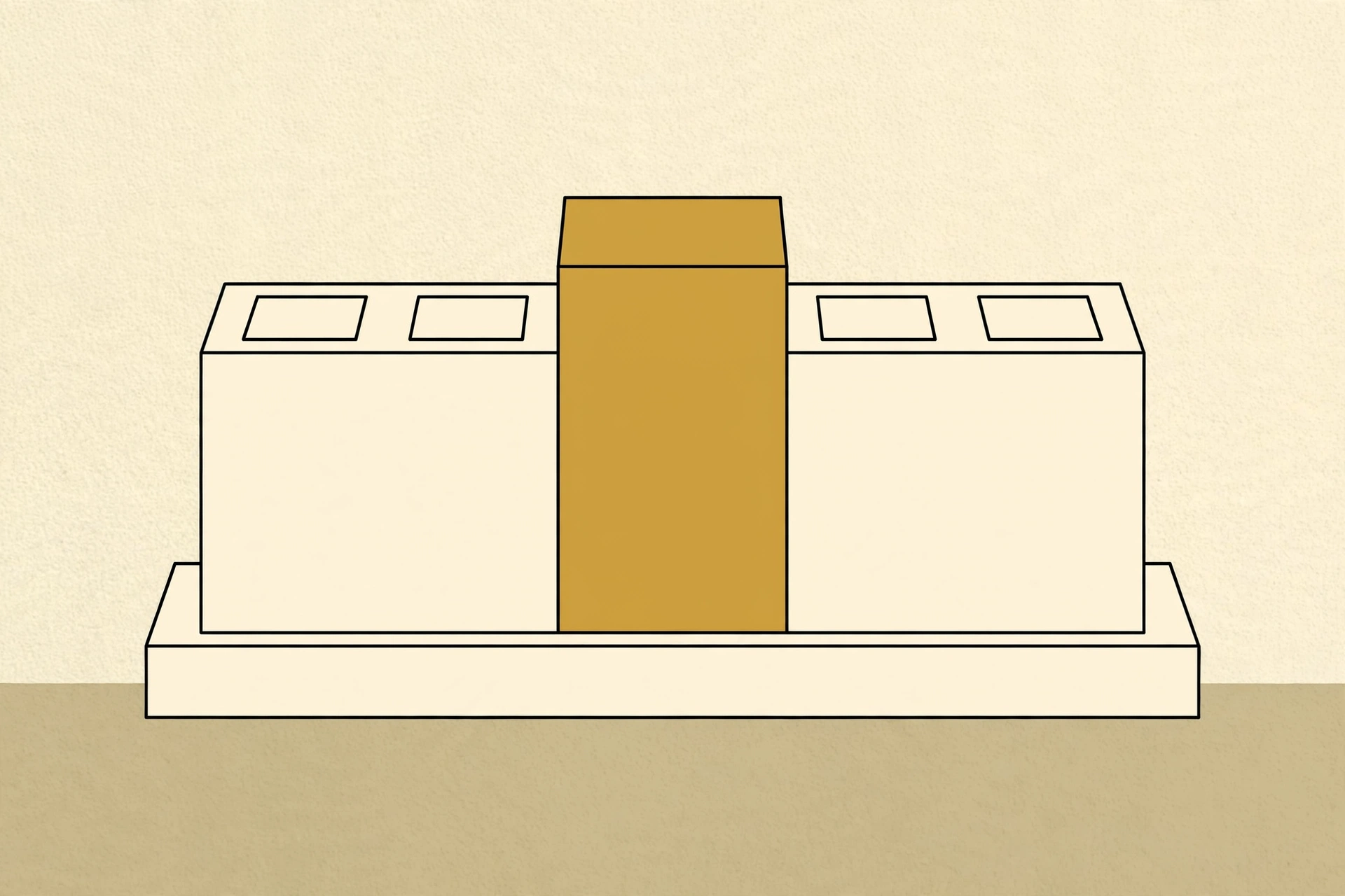 A drawing of a simple rectangular structure with two side sections and a central raised section.