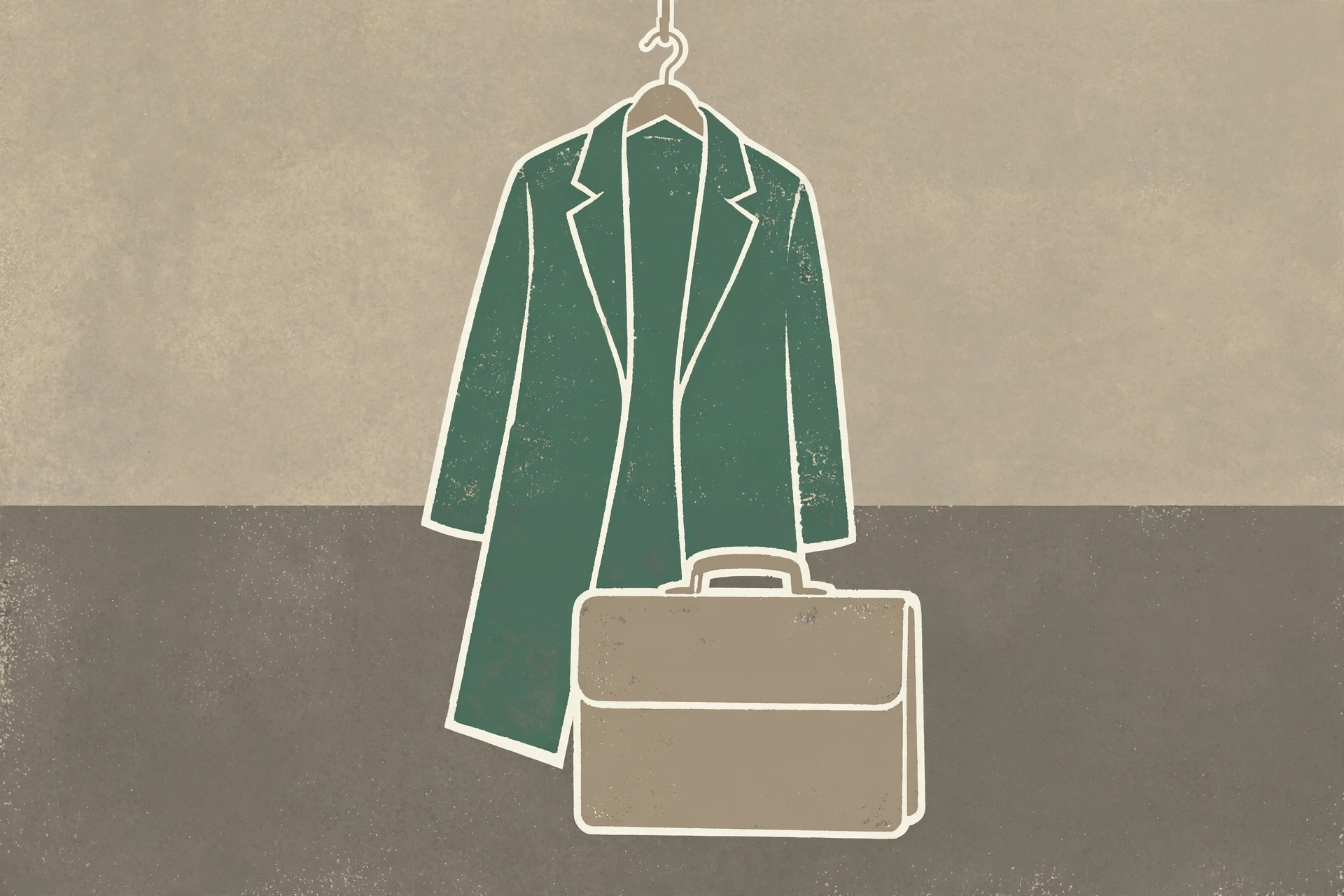 A drawing of a green coat hanging on a hanger above a tan briefcase.