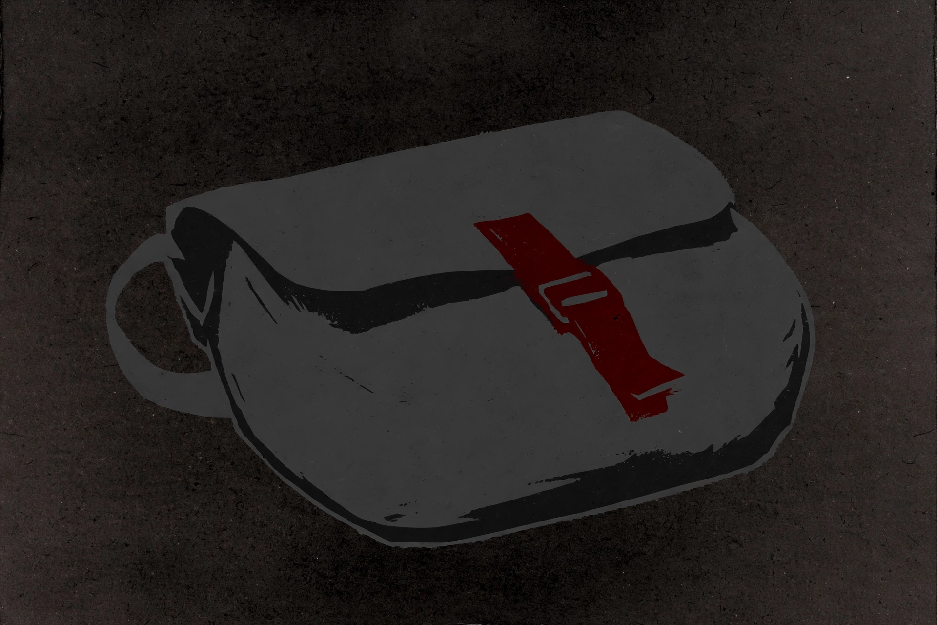 A simplified graphic illustration of a dark grey messenger bag with a red strap and buckle against a dark textured background.