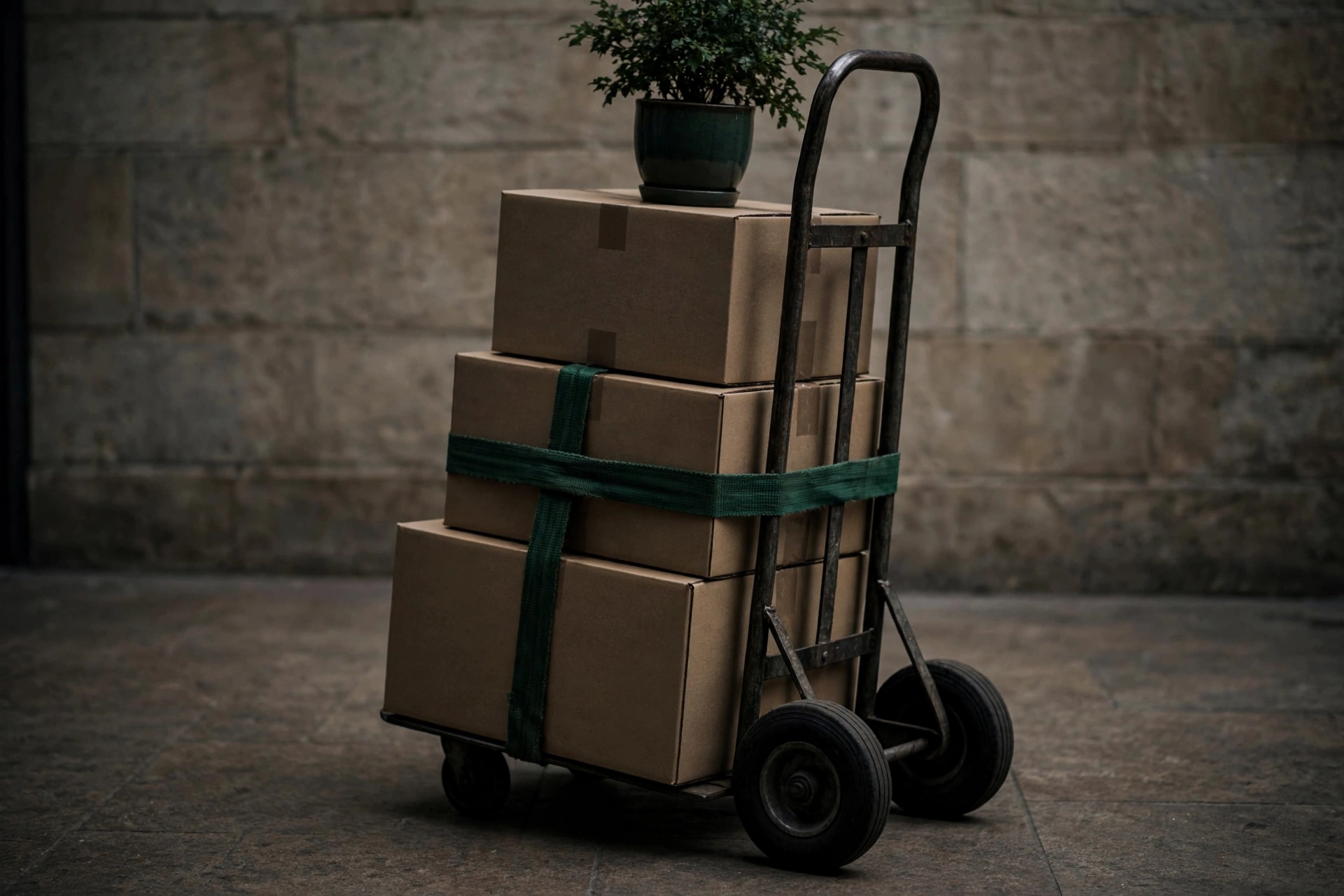 A photograph shows a hand truck with three cardboard boxes stacked on it, topped with a potted plant.