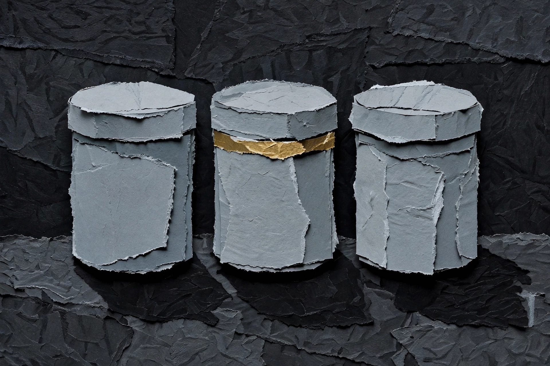A photograph of three gray, cylindrical objects made of paper, set against a dark, textured background.