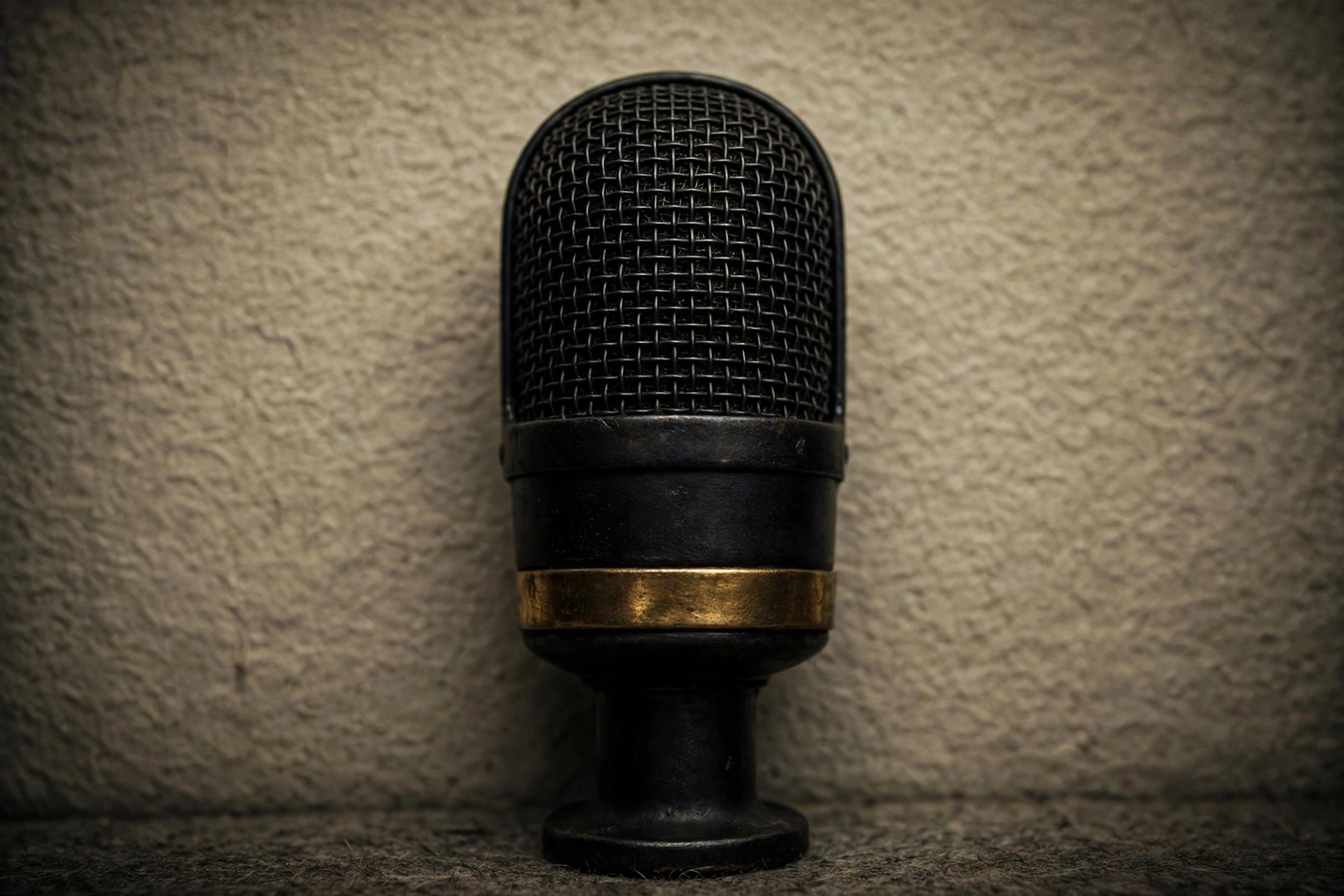 A photograph of a vintage black microphone with a gold band on a textured surface.
