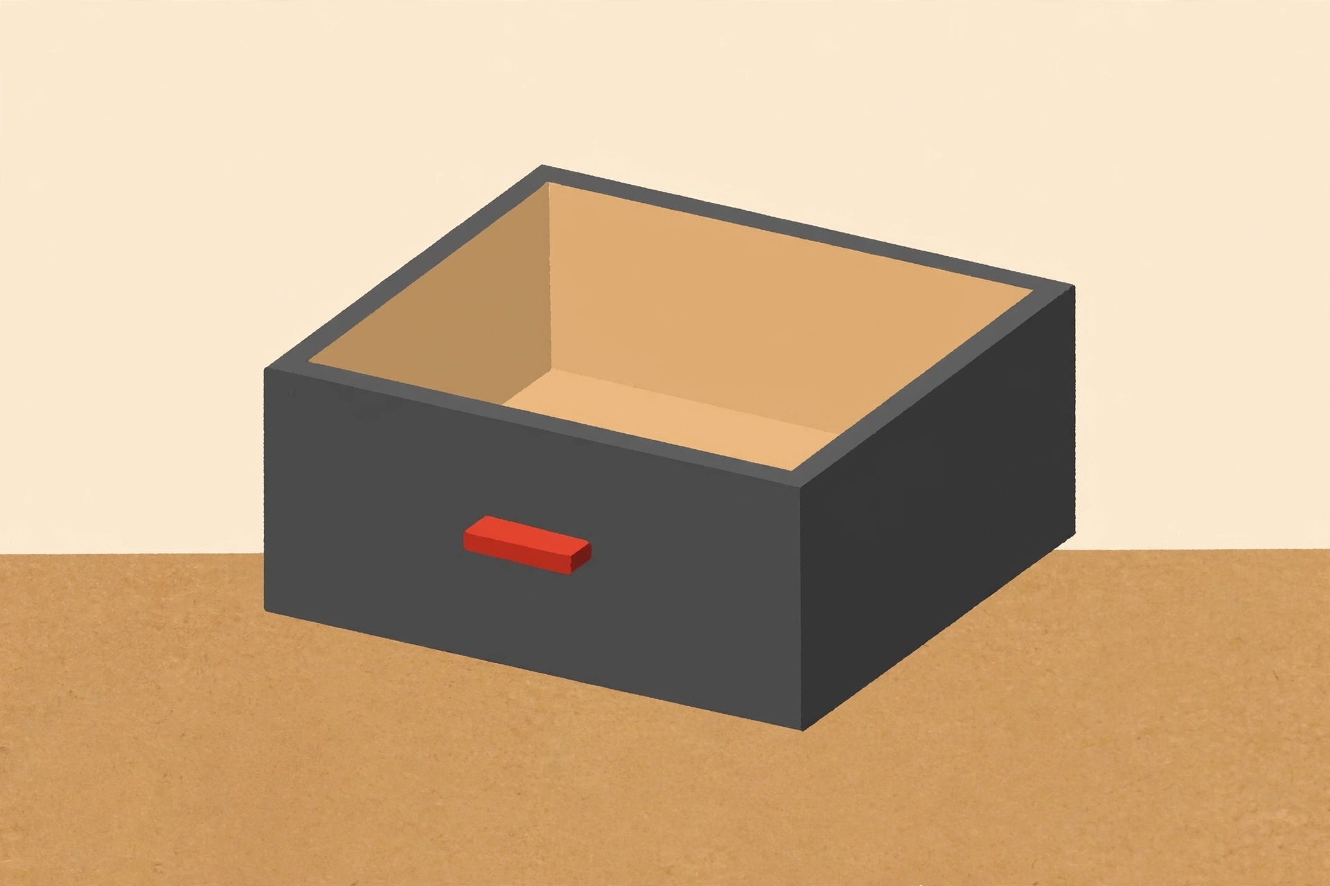 A drawing of an open, empty, dark gray box with a red rectangular handle on its front, sitting on a brown surface against a pale background.