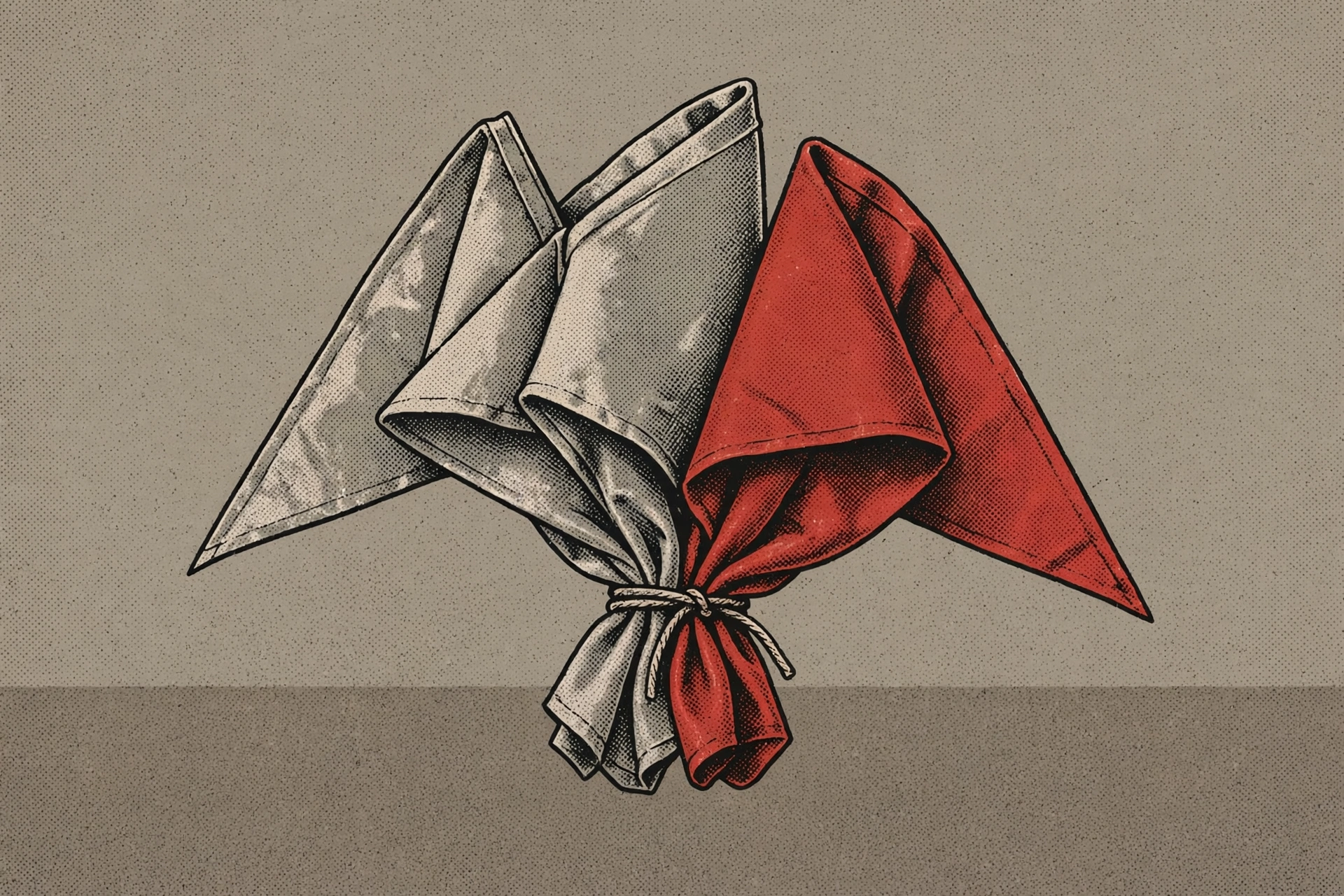 A drawing of three cloth napkins tied together with a rope.