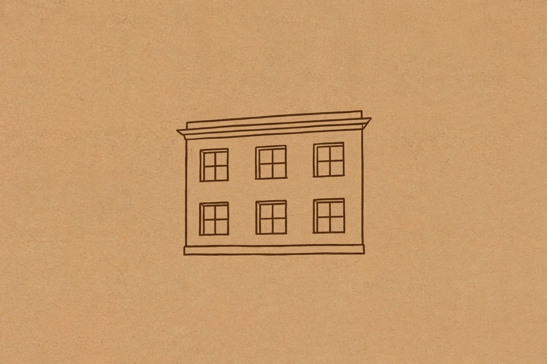 A line drawing of a two-story building with six windows.
