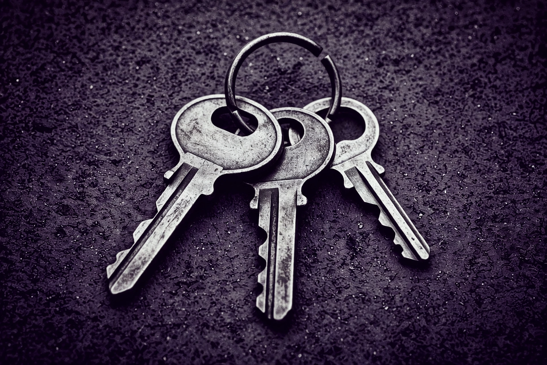 A photograph of three silver keys on a ring resting on a dark, textured surface.