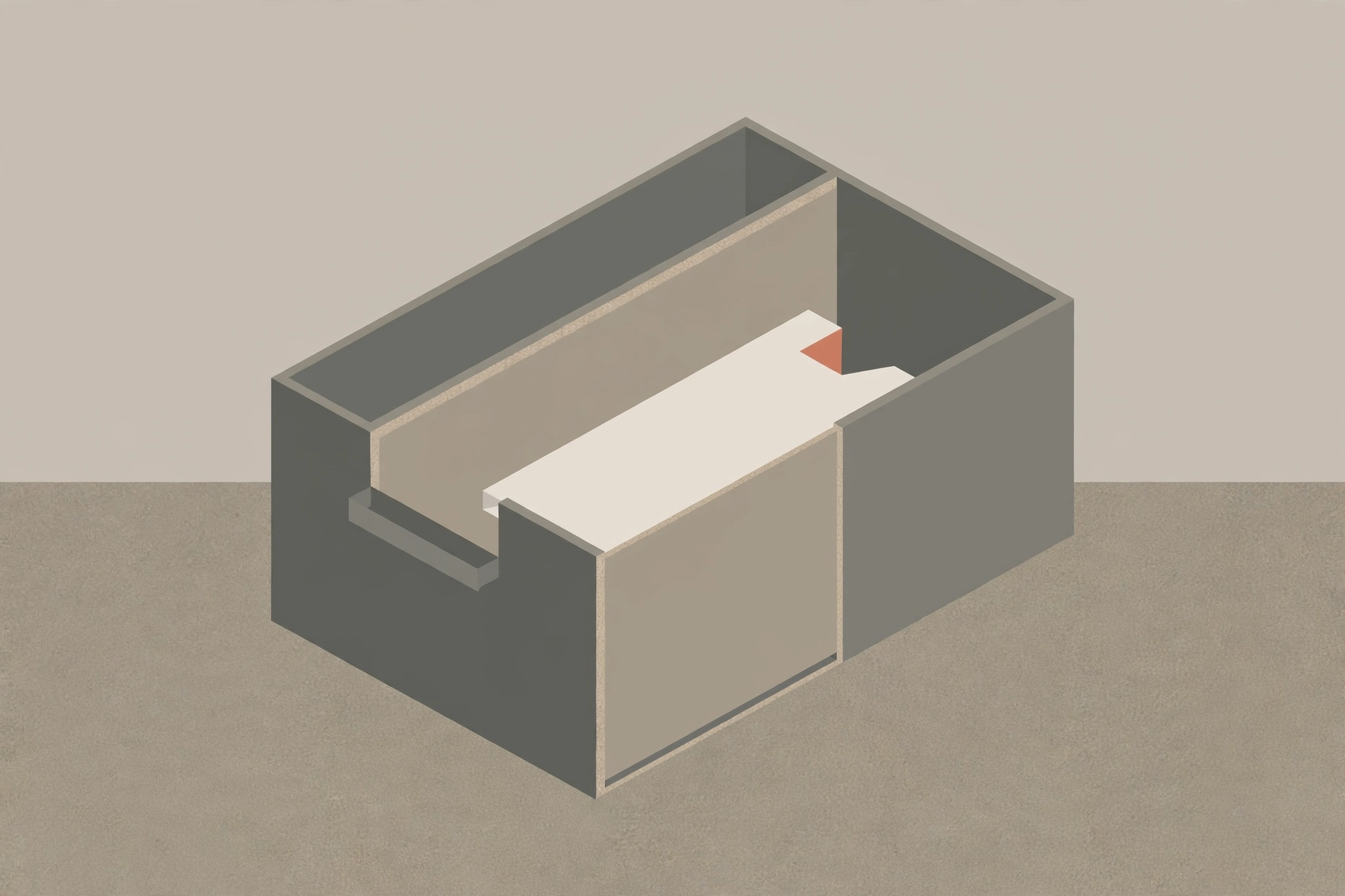 A digital illustration shows an isometric view of an open rectangular structure with internal divisions and a white platform.
