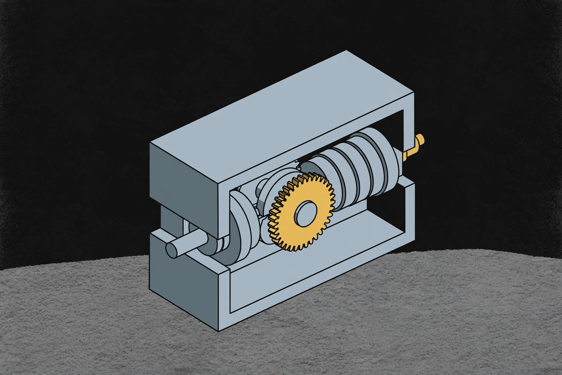 A drawing of a mechanical worm gear and spur gear mechanism.