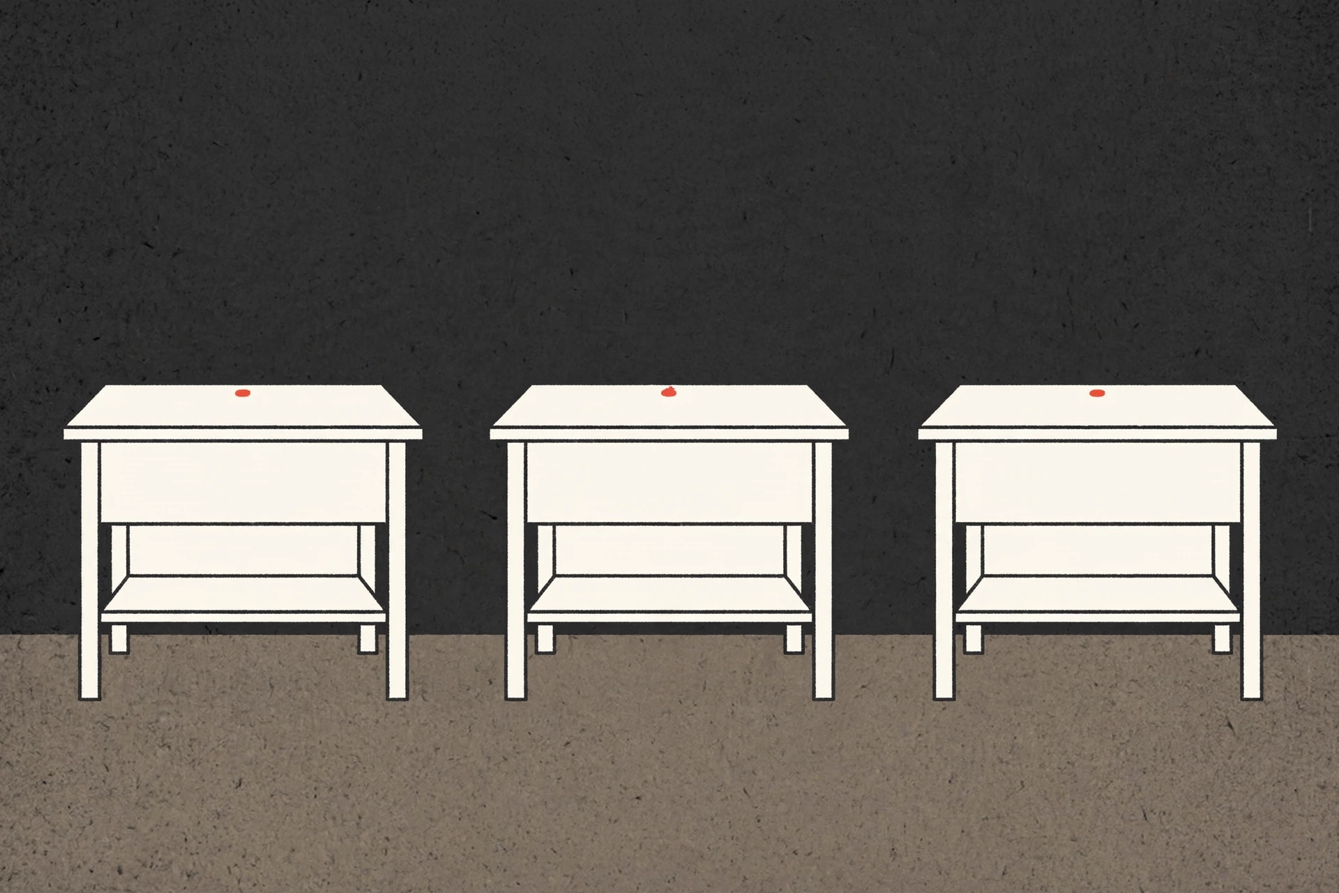 A drawing of three white tables with red dots on their surfaces in a line.