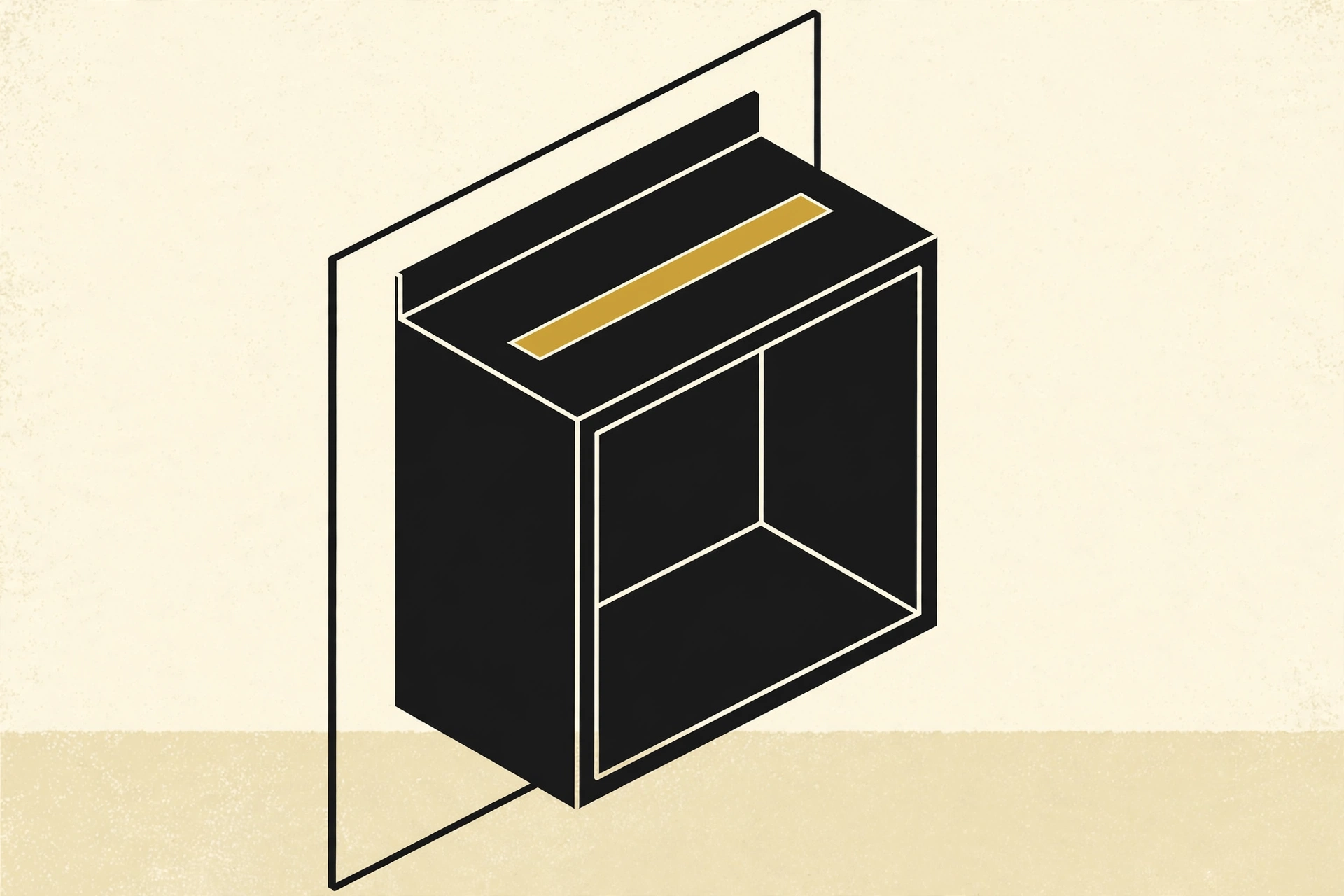 A drawing of a black ballot box with a golden slit, mounted on a beige background.