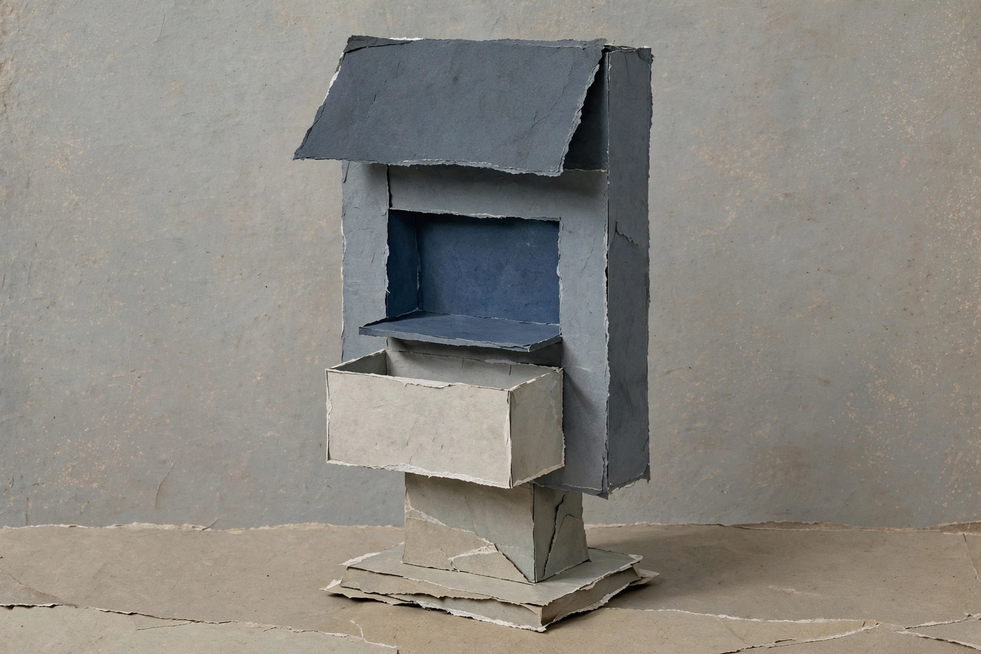 A photograph of a paper sculpture resembling a small, multi-story building with an open drawer.