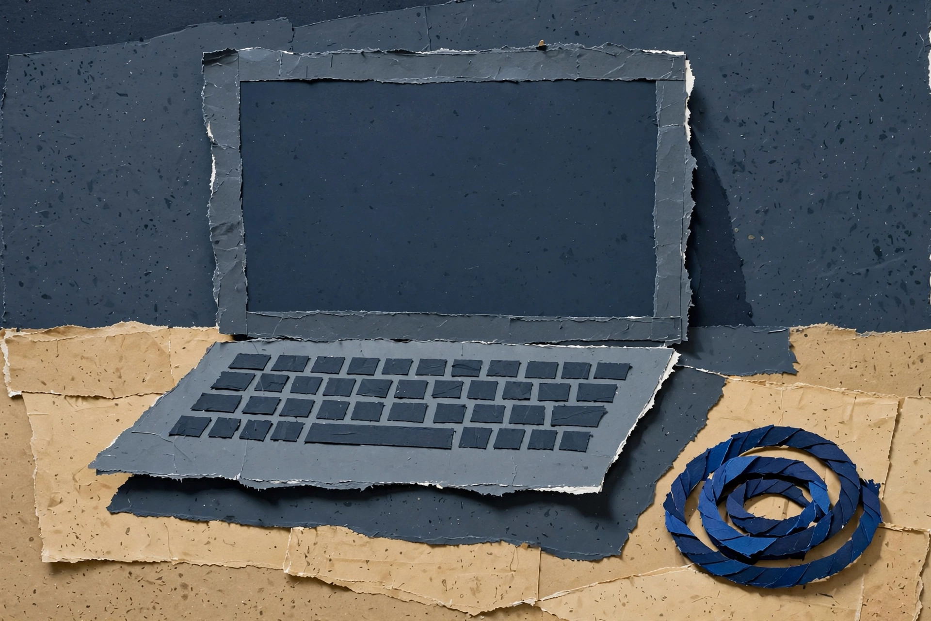 A collage depicts an open laptop made of ripped gray paper on a background of torn brown and dark blue paper.