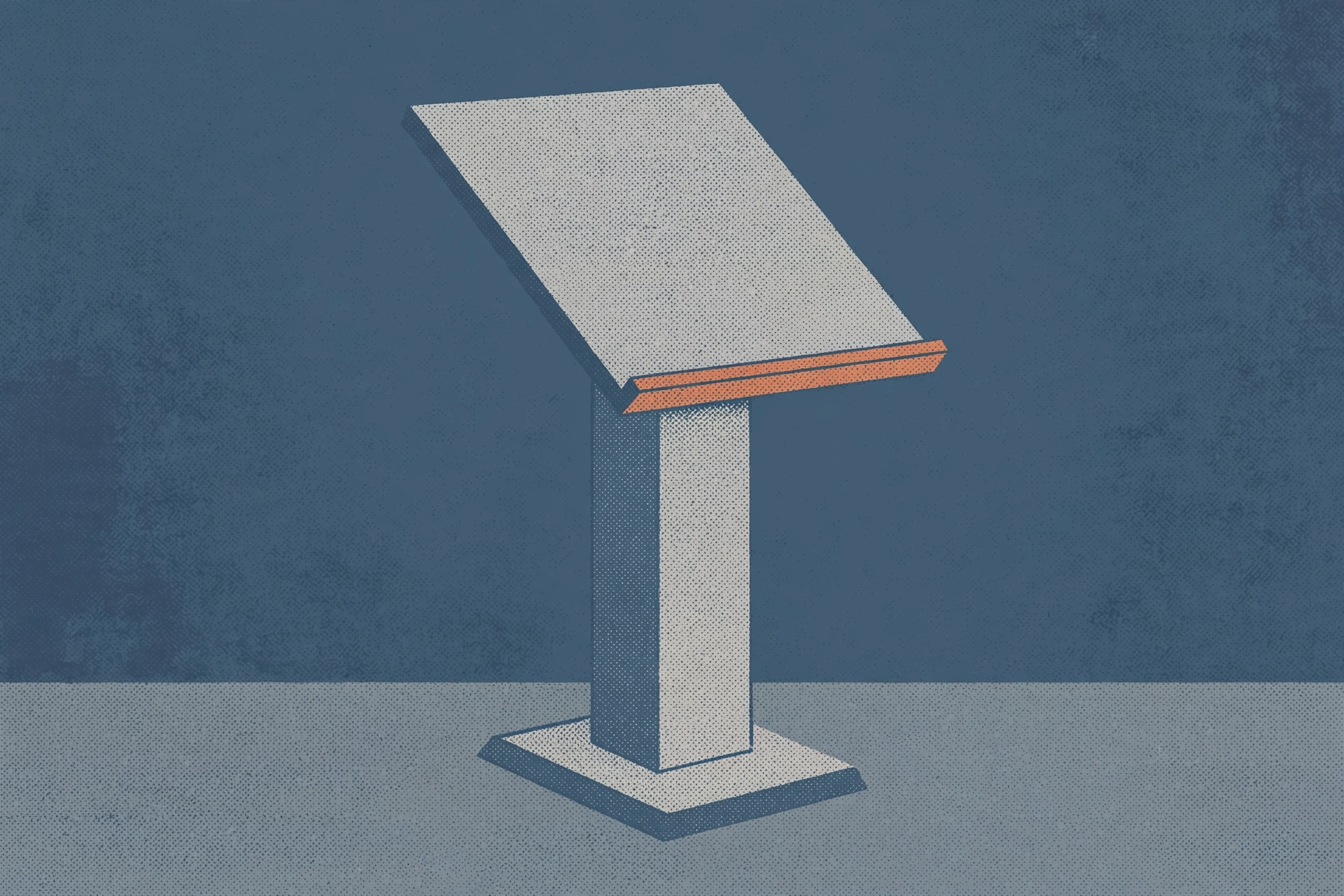A graphic illustration depicts a tilted, blank display stand with a ledge on a blue background.