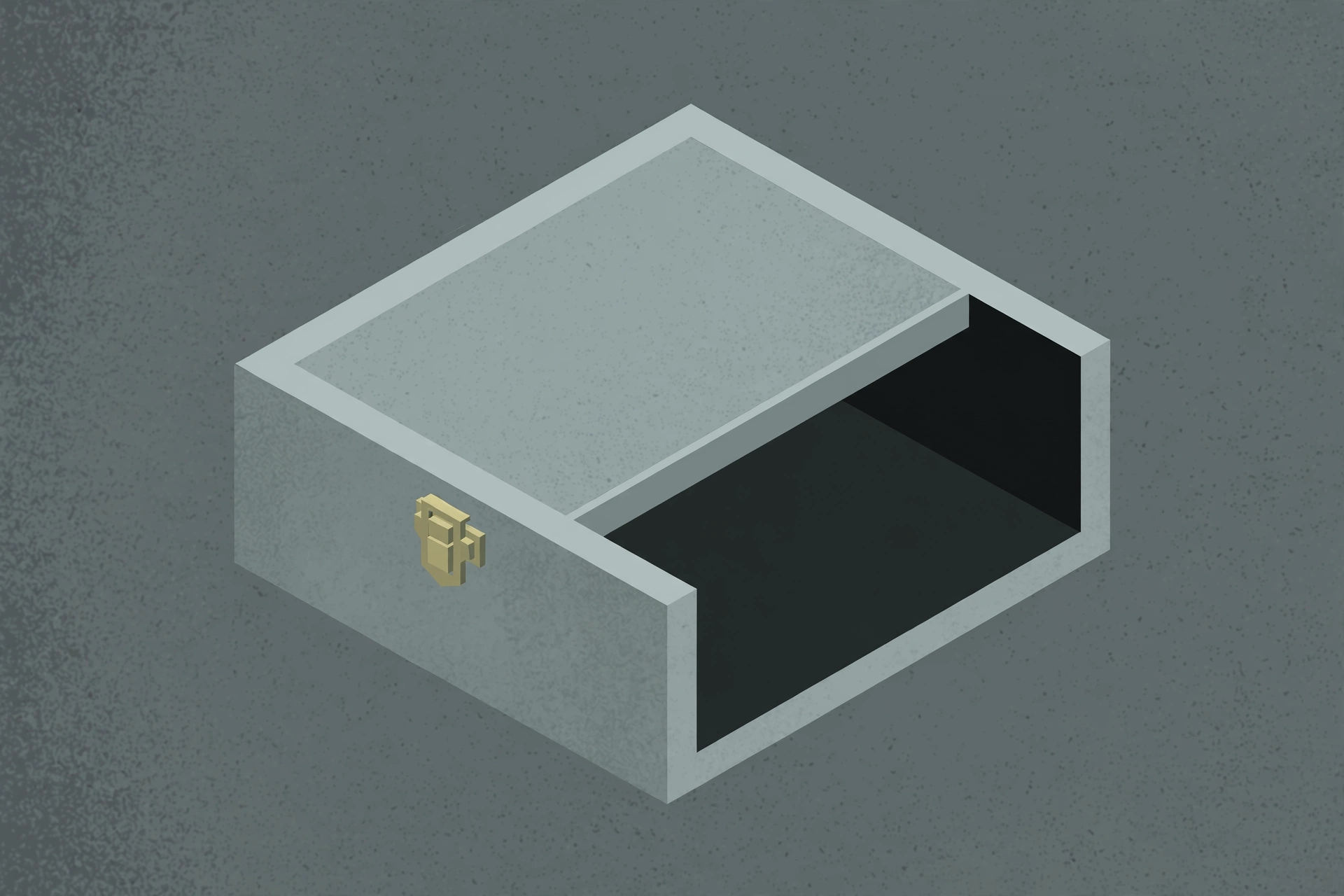 A drawing of an open, empty drawer with a brass handle.