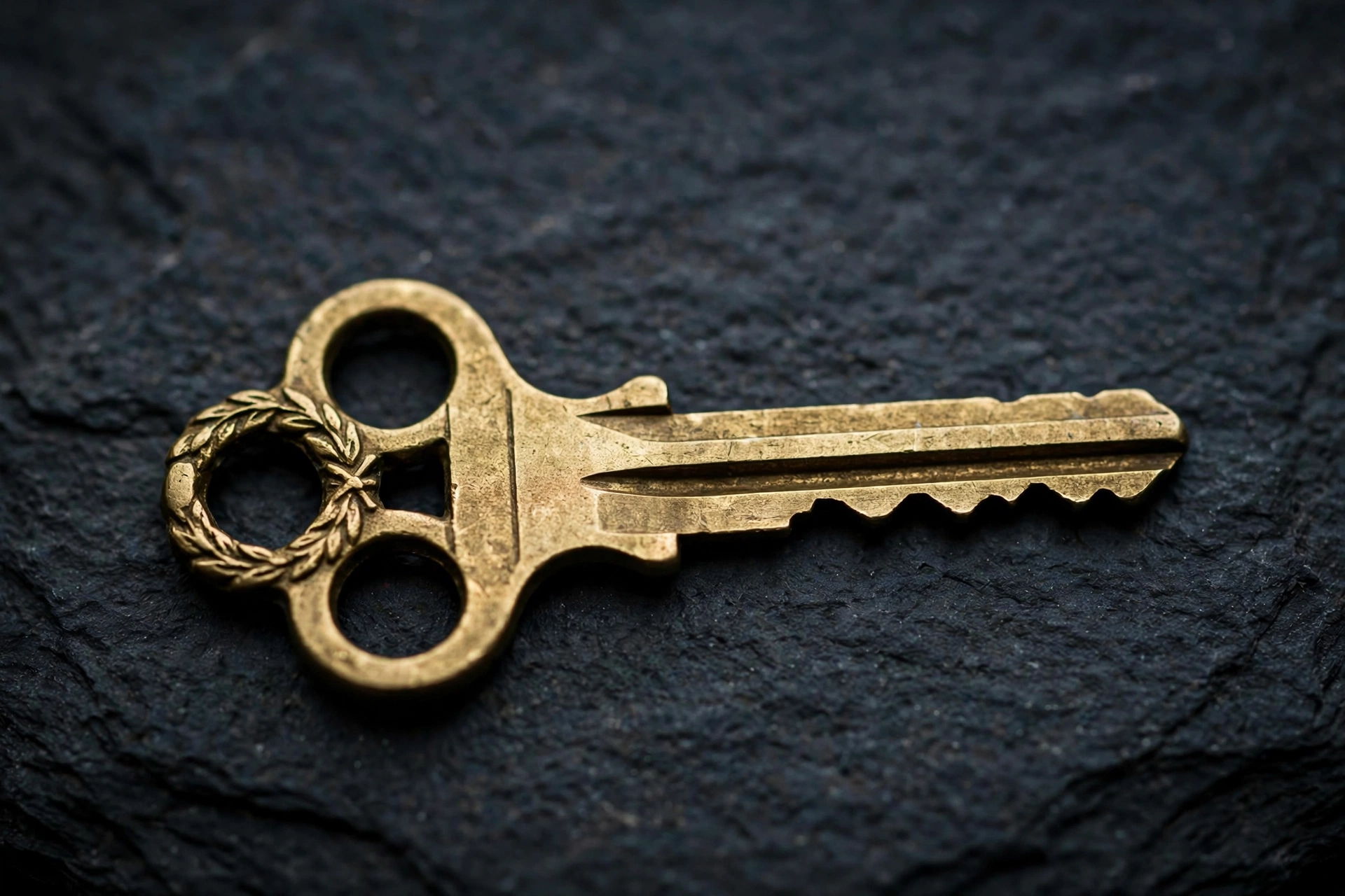 A brass key with a laurel wreath design on its bow lies on a dark, textured surface.