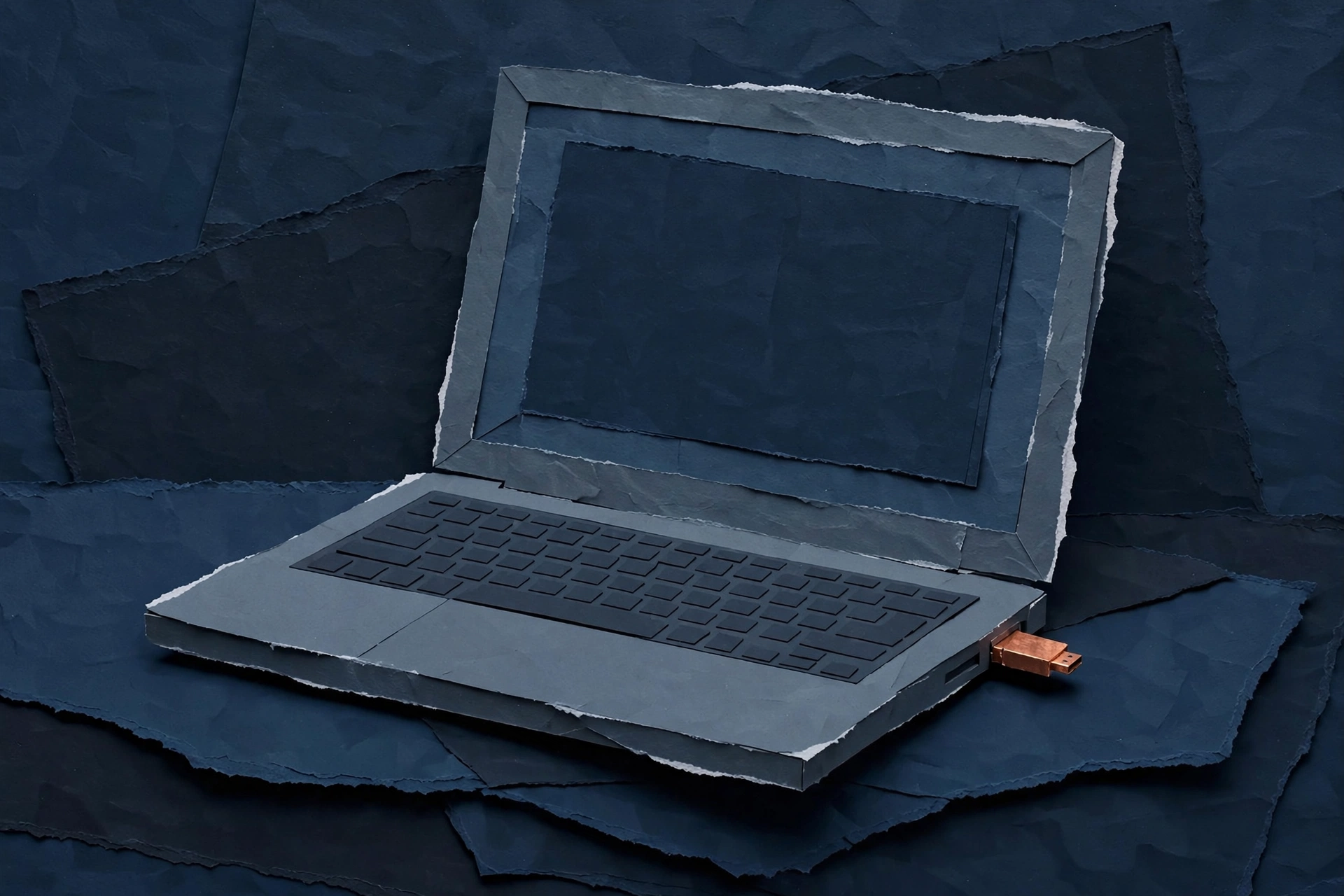 A papercraft photograph of an open laptop with a USB drive inserted into its side.
