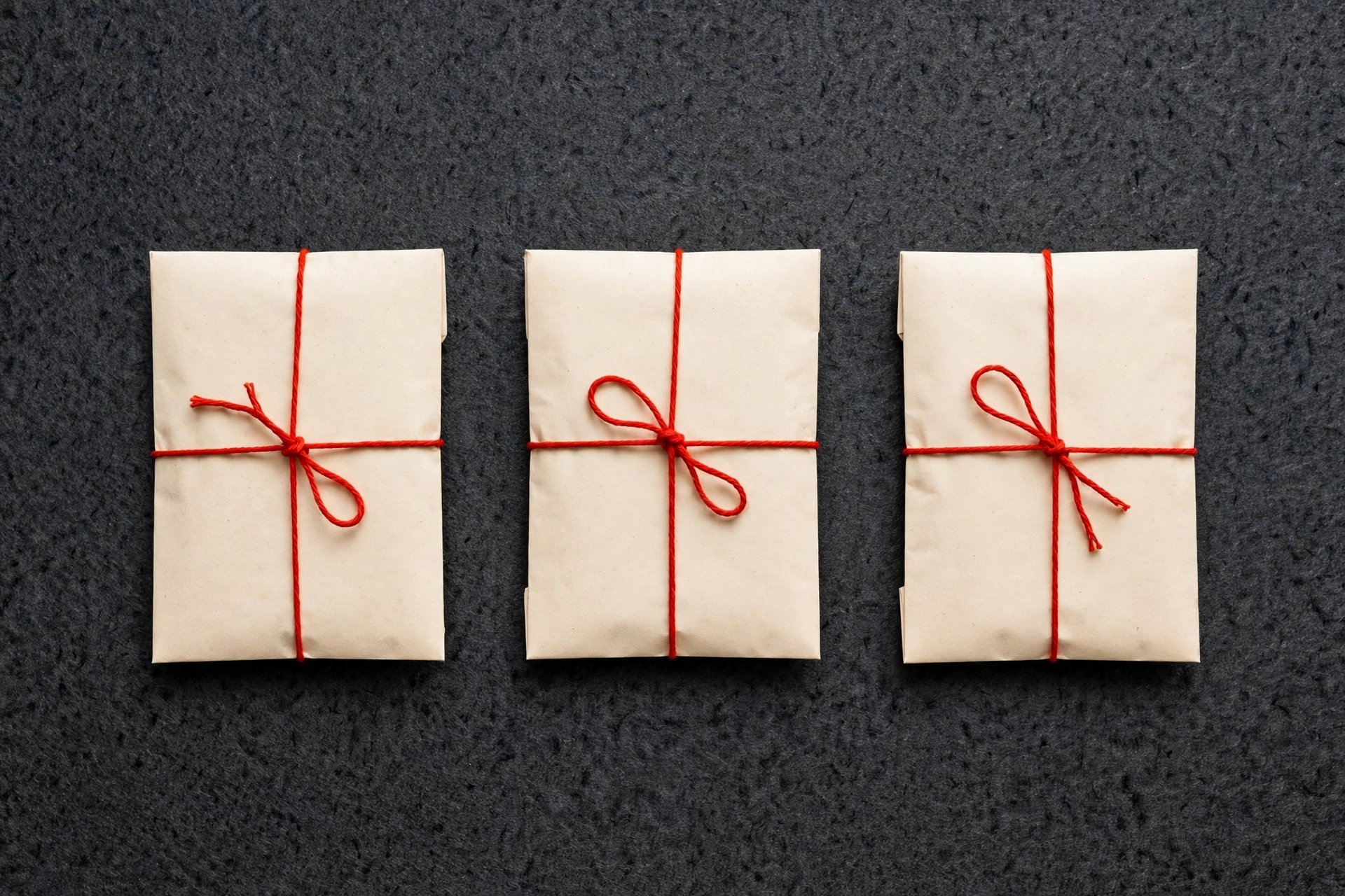 A photograph shows three identically wrapped gifts with red string on a dark textured background.