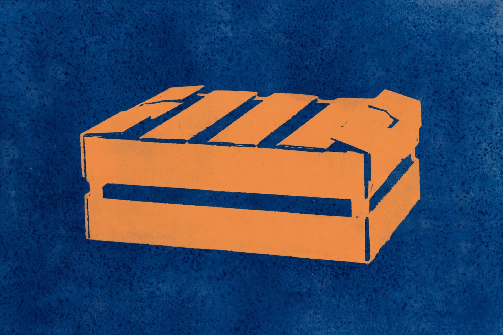 A stylized orange crate sits against a dark blue textured background.