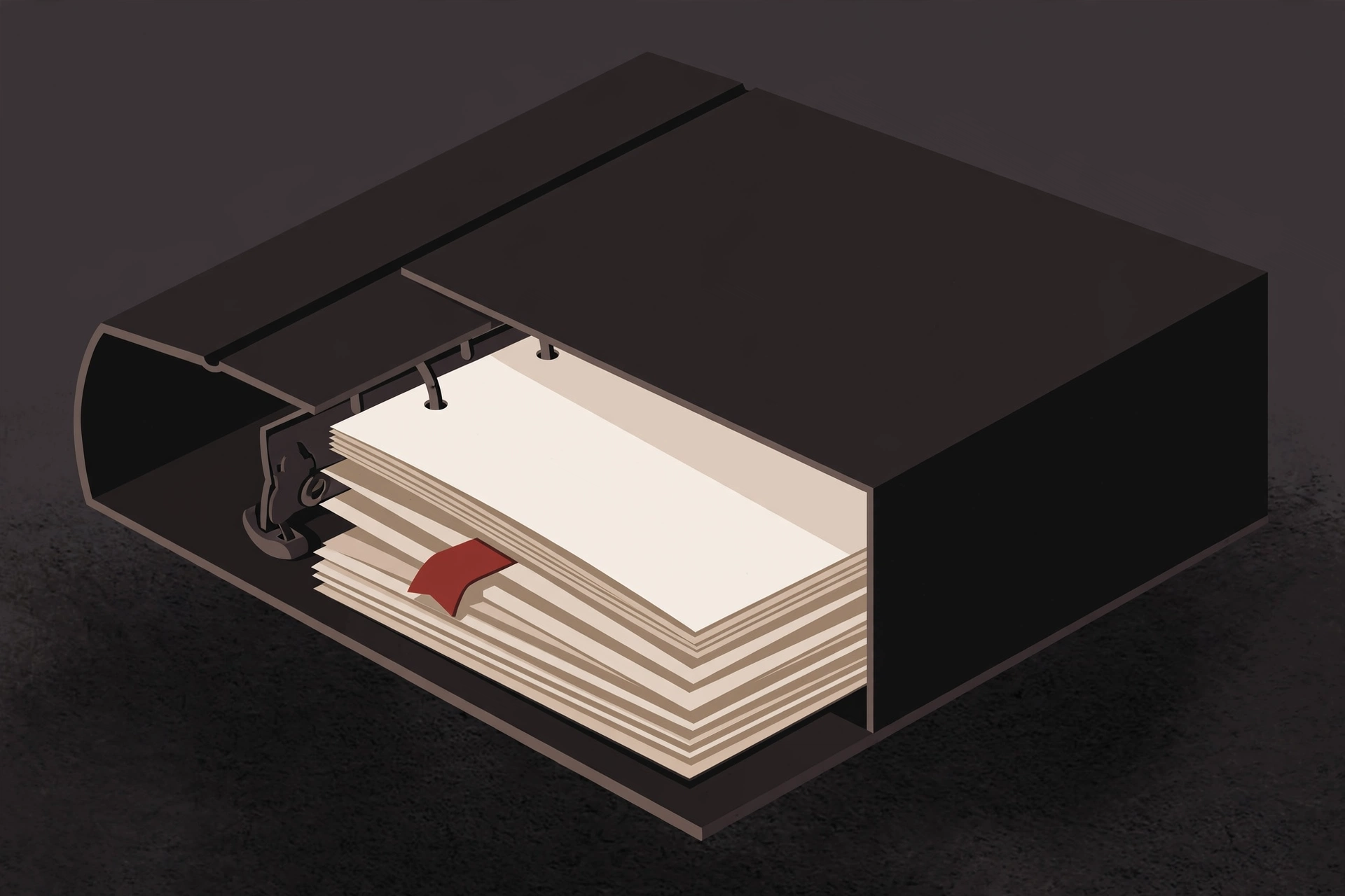 A drawing of an open black binder with stacked pages and a red tab.