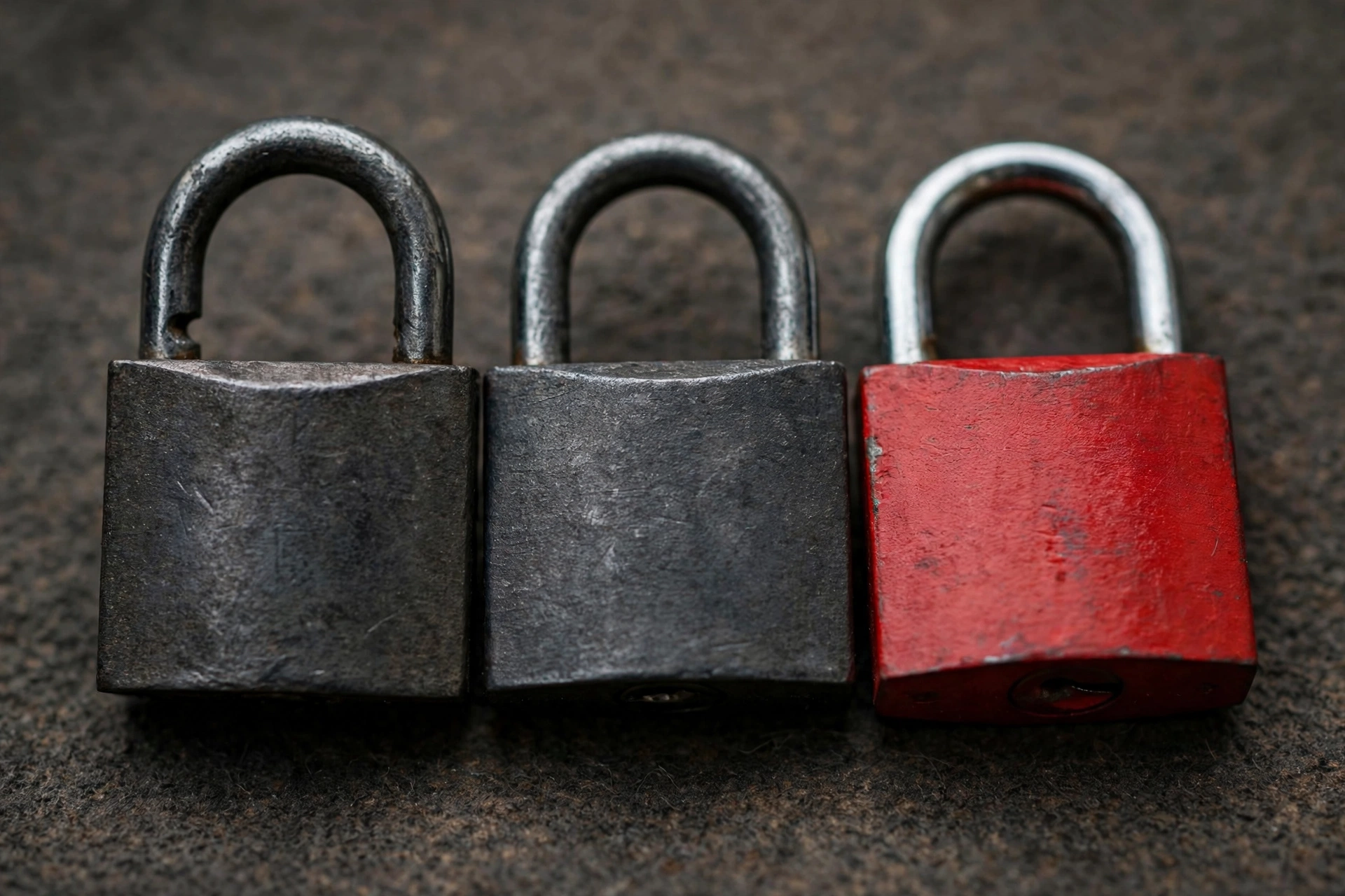 A photograph of three padlocks in a row on a textured surface.