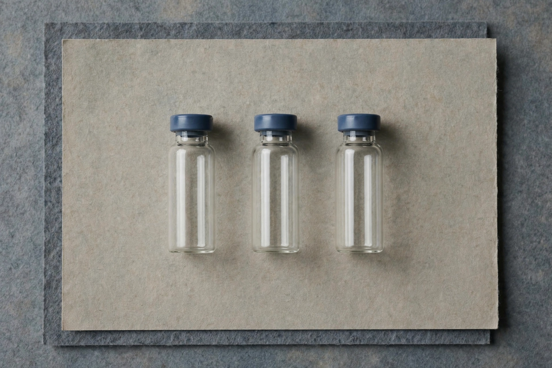 A photograph shows three empty glass vials with blue caps arranged horizontally on a textured gray paper.