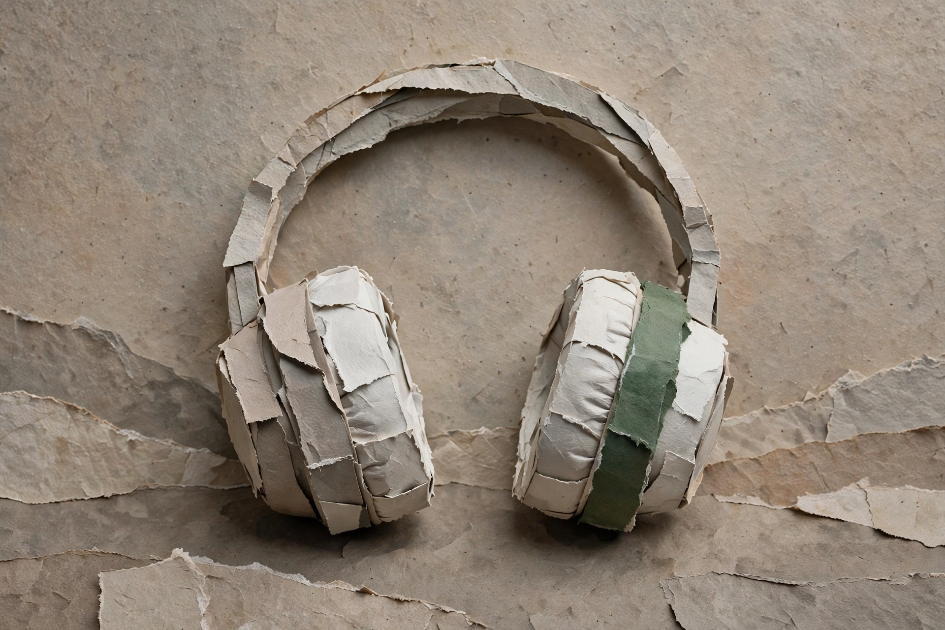 A photograph of headphones constructed from ripped paper.