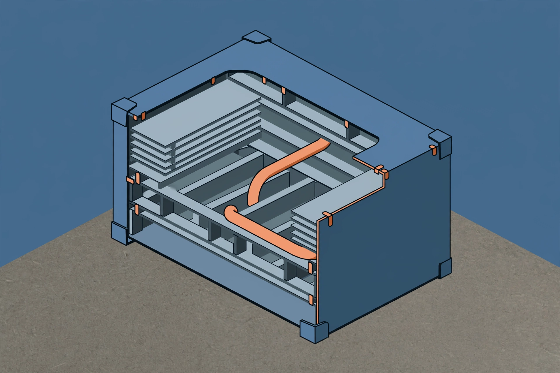 A three-dimensional diagram shows a cutaway view of a blue, rectangular container with internal shelving and orange pipes.
