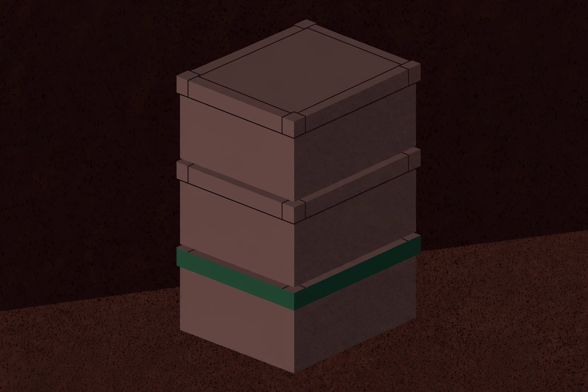 A drawing of three stacked rectangular boxes.