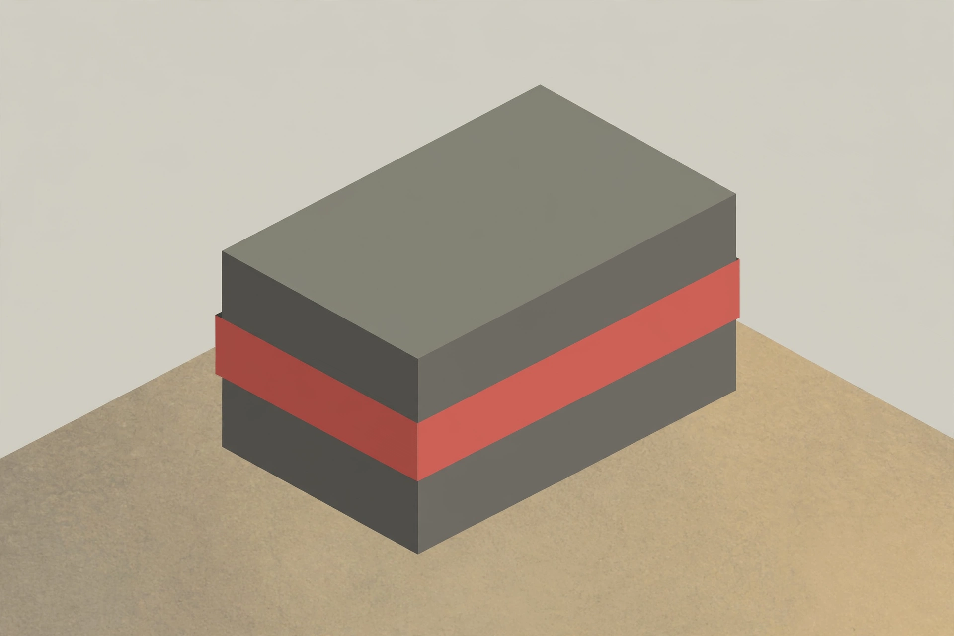 A digital illustration of a gray rectangular prism with a red band around its middle, positioned on a beige surface.
