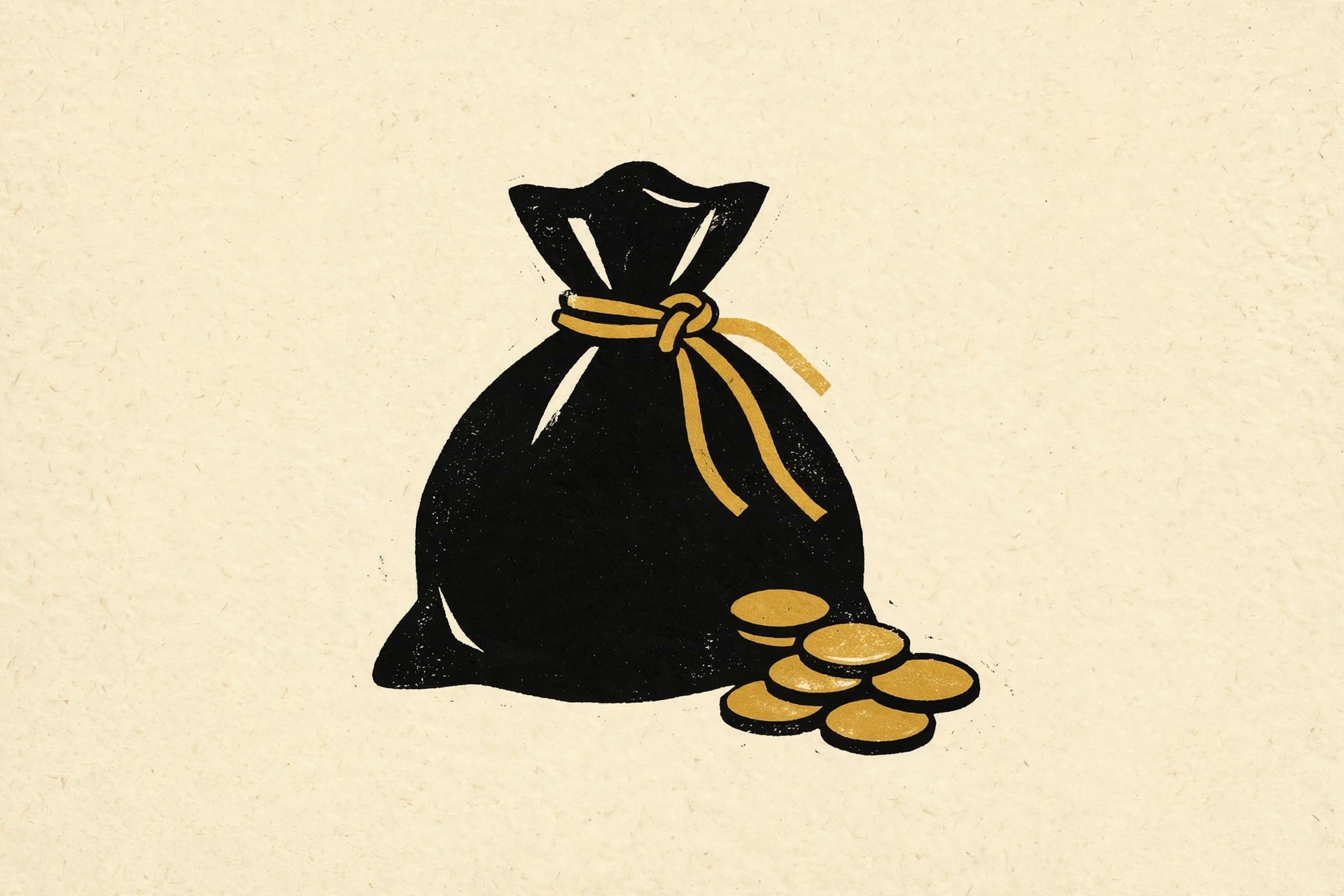 A drawing of a black bag with a gold tie and a pile of gold coins spilling out.
