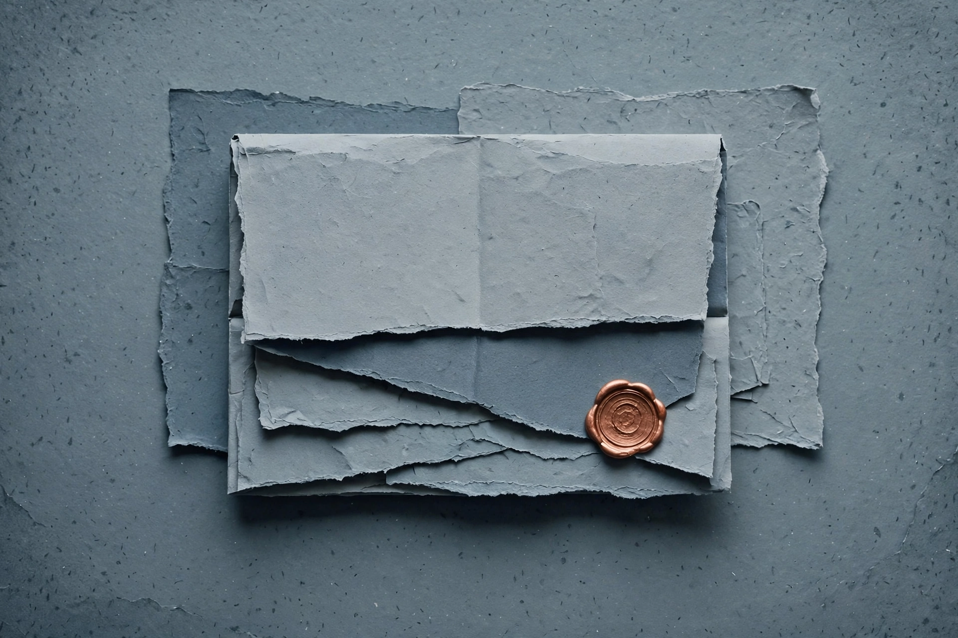 A photograph of stacked, torn paper envelopes sealed with a copper wax seal.