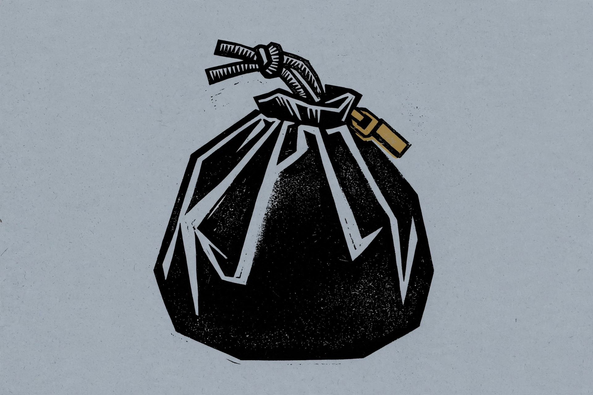 A woodcut print shows a black garbage bag tied at the top with a gold tie.
